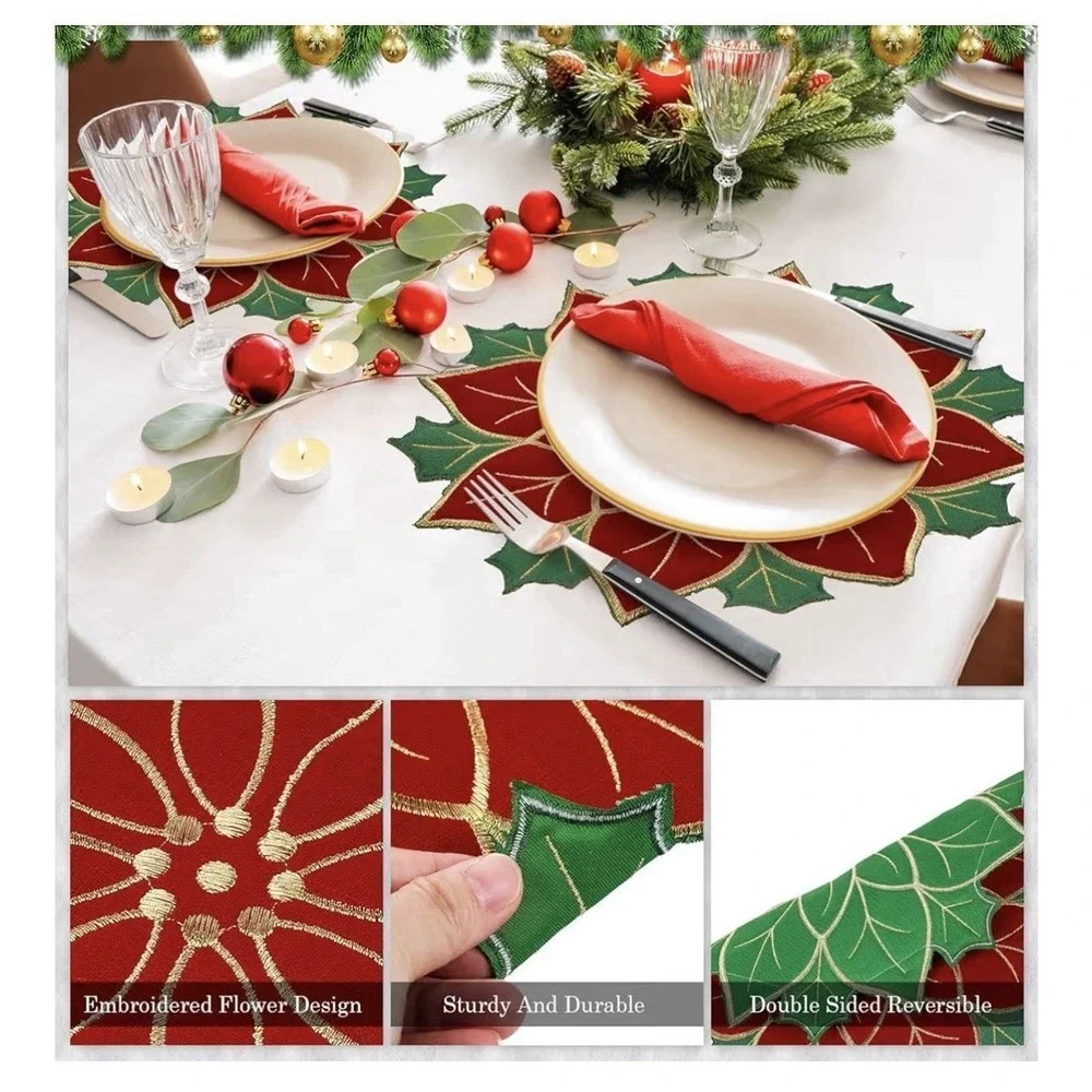Christmas Placemats Set of 6 Christmas 14 x 14 Inch Poinsettia Style [i]